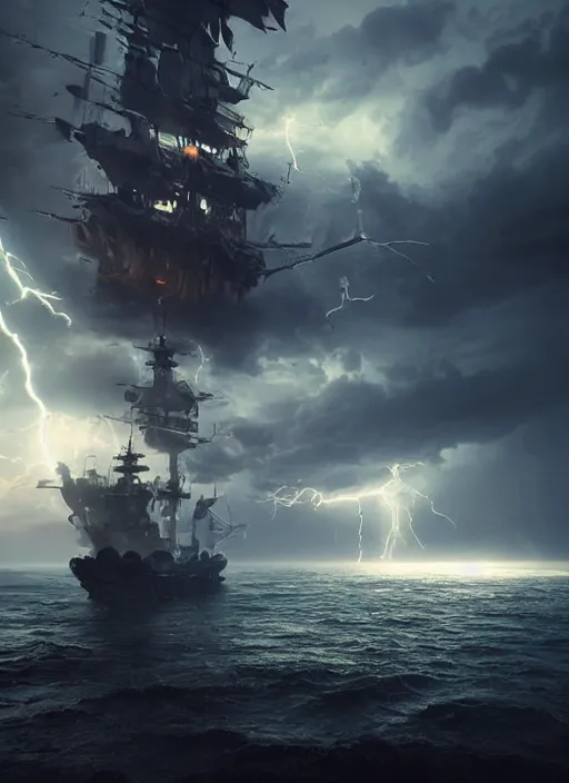 Image similar to huge lightning storm inside a bottle, little pirate ship in the horizon, dark background, volumetric lighting, unreal engine, ultra detailed, high resolution, by emmanuel shiu