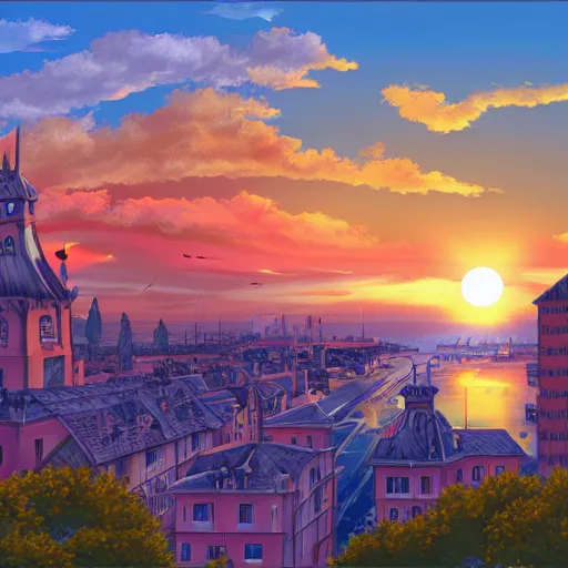 Prompt: anime digital art view from castle balcony sunset