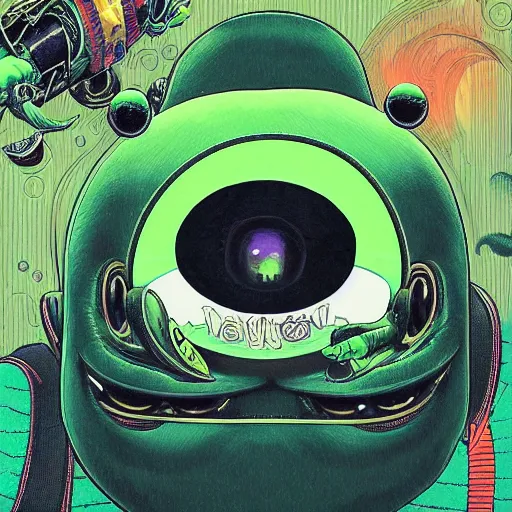 Prompt: portrait of pepe the frog wearing vr headset, symmetrical, by yoichi hatakenaka, masamune shirow, josan gonzales and dan mumford, ayami kojima, takato yamamoto, barclay shaw, karol bak, yukito kishiro