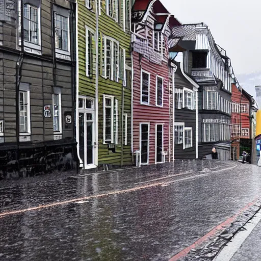 Image similar to picture of a street in bergen, norway, raining, spring