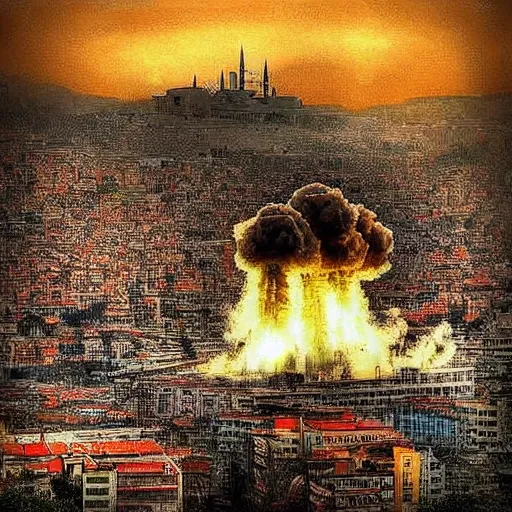 Image similar to atomic bomb blast in istanbul, realistic, hdr,