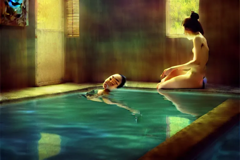 Image similar to Asian girls intertwined in a hallucinatory surreal dream, swimming pool, dark mood, John Singer Sargant, by Bastien Lecouffe-Deharme, Gustav Klimt, Adrian Ghenie Edward Hopper, trending on artstation, 4k, 8k, HD