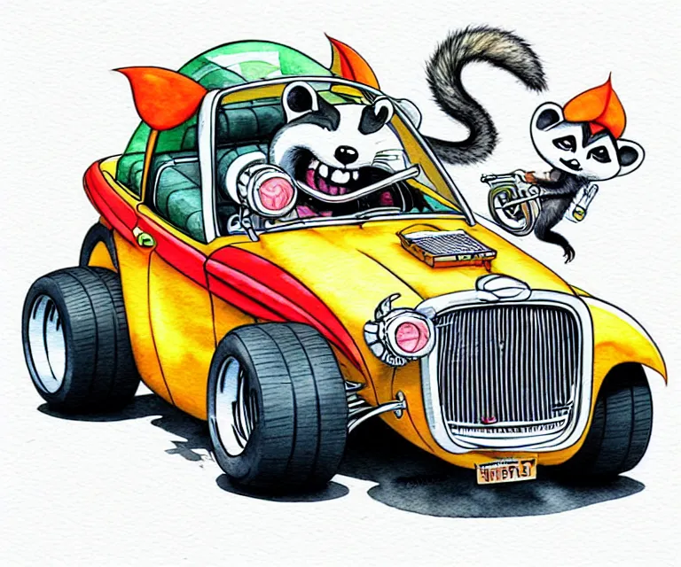 Image similar to cute and funny, racoon riding in a tiny hot rod coupe with oversized engine, ratfink style by ed roth, centered award winning watercolor pen illustration, isometric illustration by chihiro iwasaki, edited by range murata