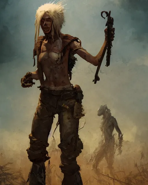 Image similar to hyper realistic photo of postapocalyptic albino nomad girl, full body, cinematic, artstation, cgsociety, greg rutkowski, james gurney, mignola, craig mullins, brom, mucha, ghibli