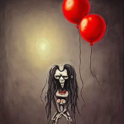 Image similar to grunge painting of creepy pasta with a wide smile and a red balloon by chris leib, loony toons style, pennywise style, corpse bride style, horror theme, detailed, elegant, intricate, Atmospheric phenomenon, conceptual, volumetric light