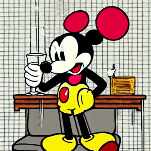 Prompt: mickey mouse holding a glass bong and sitting on a couch in a messed up apartment, amazing digital art, highly detailed