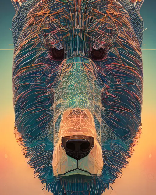 Prompt: highly detailed vfx portrait of bear, geometric polygons, global illumination, detailed and intricate environment by james jean, liam brazier, victo ngai and tristan eaton