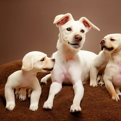 Prompt: 8 0 mm anne geddes photo of a momma dog with her newborn puppies, natural sunlight, indoors, cool colors