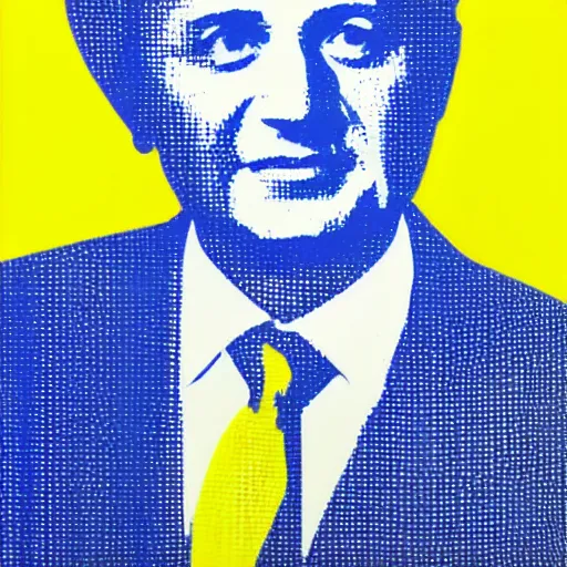 Prompt: volodymyr zelenskyy, president of ukraine. face like in his photographs. intricate sticker design by andy warhol