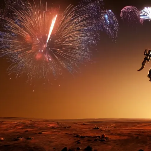 Prompt: 4 k hdr photo of elon musk doing a backflip on the surface of mars during a blue martian sunset surrounded by fireworks in the background