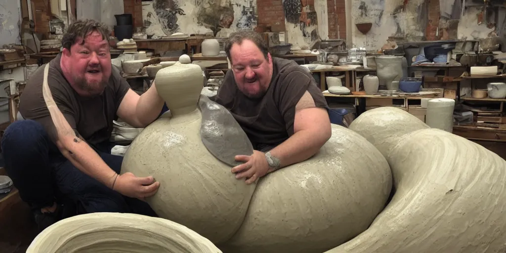 Image similar to johnny vegas sitting making a very large clay teapot, art school, studio, wet clay, ceramics, photorealistic