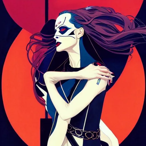 Image similar to Joshua Middleton comic art, wide shot, stunning elegant female Eva Green, kabuki mask, beautiful evil sneer, symmetrical face, symmetrical eyes, leather clothing and boots, long straight red hair, full body, Indigo occult pattern