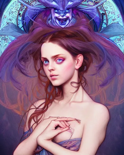 Image similar to portrait of demon girl, dreamy and ethereal, expressive pose, big blue eyes, exciting expression, fantasy, intricate, elegant, psychedelic smoke, highly detailed, digital painting, artstation, concept art, smooth, sharp focus, illustration, art by artgerm and greg rutkowskiand alphonse mucha