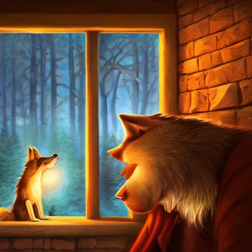 Prompt: a cartoonish big wolf is inside the chimney of a house in a mystical forest full of wonders, warm lighting, magical atmosphere, trending on artstation, 30mm, by Evgeny Lushpin trending on ArtStation, deviantart, high detail, stylized portrait