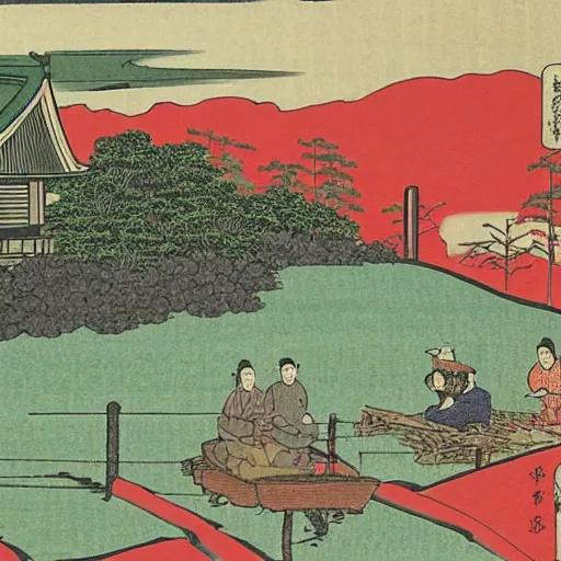 Image similar to a farm next to a lake in the style of ukiyo - e