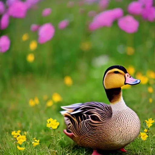 Prompt: Cute duck in a field of flowers