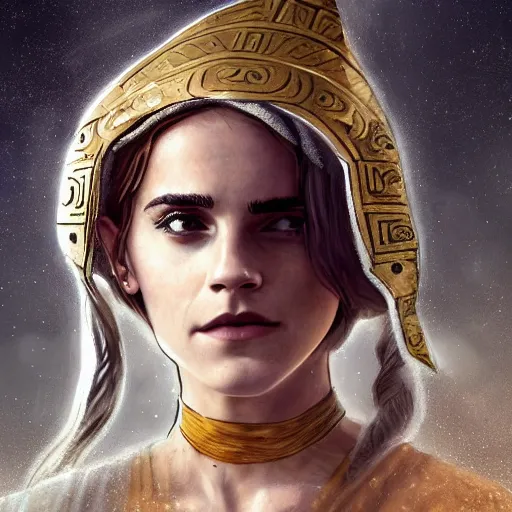 Image similar to Emma Watson as ancient greek woman in golden helmet, giant grey-haired bearded male face in the sky, epic fantasy style art, fantasy epic digital art