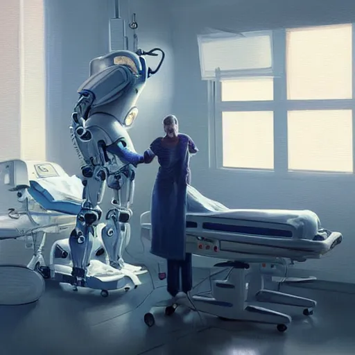 Image similar to epic masterpiece of cinematographic hyperrealism where a robot appears attending to a patient in the hospital. realistic shaded lighting poster by craig mallismo, artgerm, jeremy lipkin and michael garmash, unreal engine, radiant light, detailed and intricate environment, digital art, art station trends