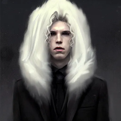 Image similar to Portrait of an androgynous man by Greg Rutkowski, he is about 30 years old, mixture between russian and irish, long fluffy blond curly hair, attractive, extremely pale white skin, smart looking, he is wearing a black futuristic lawyer outfit, highly detailed portrait, scifi, digital painting, artstation, concept art, very very very pale skin, very very long curly blond hair, smooth, sharp foccus ilustration, Artstation HQ