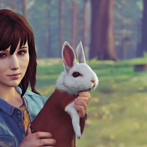 Image similar to max caulfield from the video game Life Is strange holding a rabbit