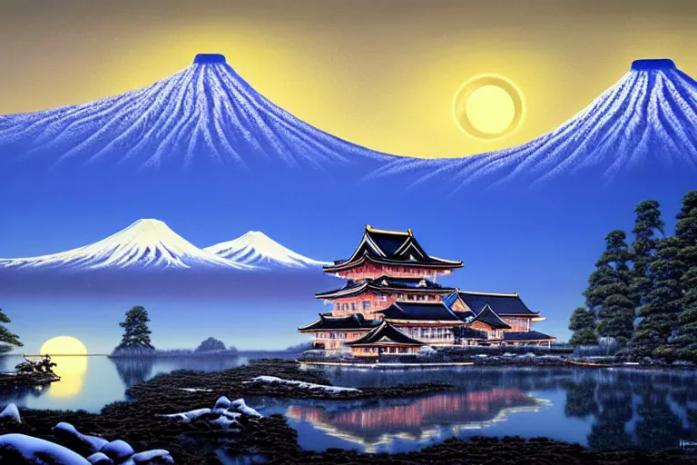 Image similar to landscape with a japanese castle, snowcapped mountains, moonlight, fantasy painting by michael whelan and vicente segrelles and mort kunstler, 4 k, hd, award winning, intricate details