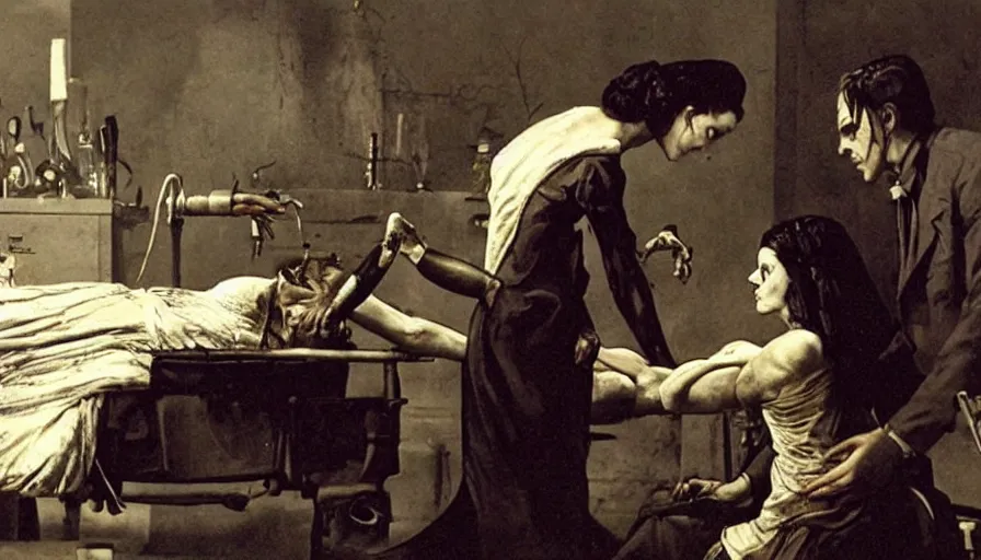 Prompt: a mad doctor does a blood transfusion on a female frankenstein.