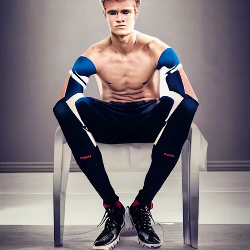 Image similar to a realistic detailed photo of a guy who is an attractive humanoid who is half robot and half humanoid, who is a male android, soccer player martin ødegaard, shiny skin, posing like a statue, blank stare, in a living room, on display, showing off his muscles