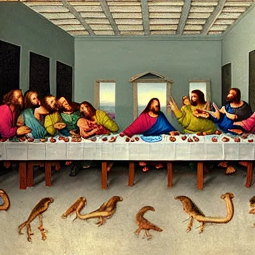 Image similar to the last supper with dinosaurs