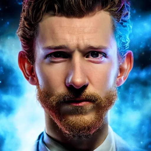 Image similar to tom holland with a beard as the new doctor who, cinematic, volumetric lighting, f 8 aperture, cinematic eastman 5 3 8 4 film, photorealistic