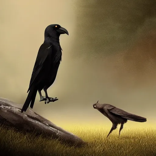 Prompt: a crow and a squirrel walking towards the horizon, matte painting, digital art, artstation,