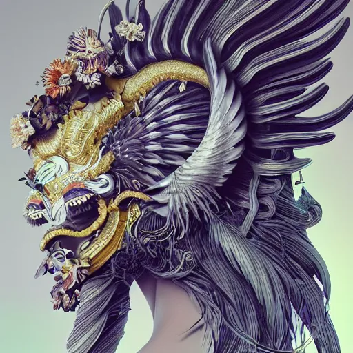 Image similar to 3 d goddess close - up profile portrait russian with ram skull. beautiful intricately detailed japanese crow kitsune mask and clasical japanese kimono. betta fish, jellyfish phoenix, bio luminescent, plasma, ice, water, wind, creature, artwork by tooth wu and wlop and beeple and greg rutkowski