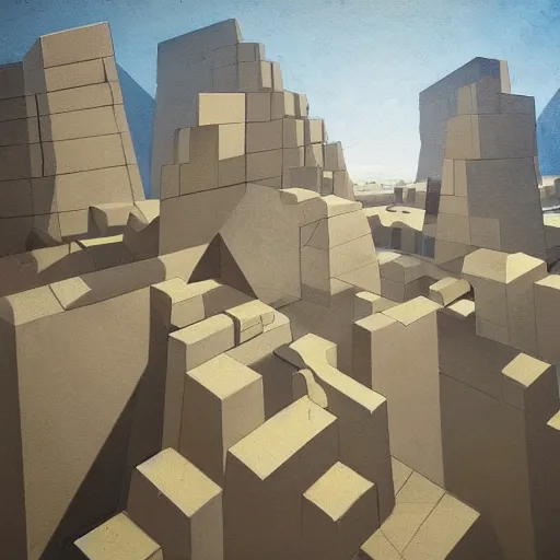 Image similar to masterpiece abstract intricate painting of detailed multiple layers of rocky material. highly geometric slanting down. isometric angles. beautiful use of light and shadow to create a sense of depth. using architectural brushwork and a limited earthy color palette, providing a mathematical sketchy look.