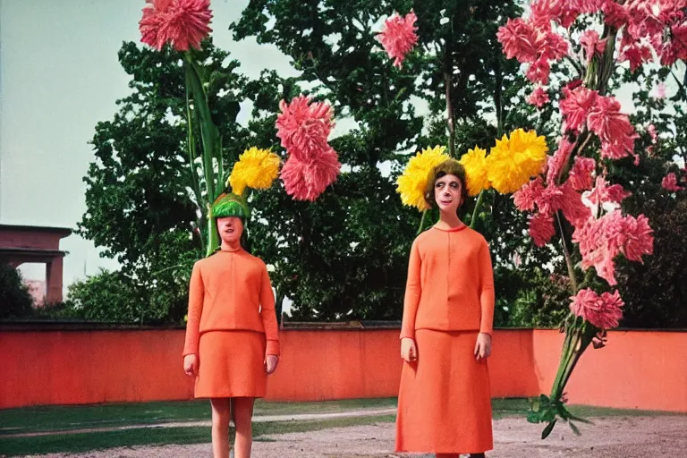 Image similar to giant flower head, girl standing, 1 9 6 0 s, surreal photography, symmetry, mid century, liminal space, bright colours, wes anderson