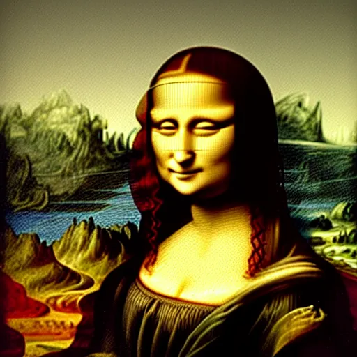Prompt: mona lisa form behind while leonardo is painting her picture