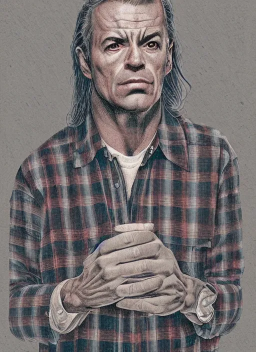 Prompt: Twin Peaks poster artwork by Michael Whelan and Bob Larkin, of portrait of Joe Rogan in red flannel, from scene from Twin Peaks, clean, simple illustration, nostalgic, domestic