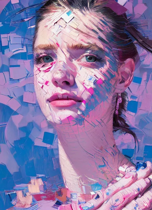 Image similar to portrait of a beautiful girl, smiling, ecstatic, dancing, eyes closed, open mouth, shades of pink and blue, beautiful face, rule of thirds, intricate outfit, spotlight, by greg rutkowski, by jeremy mann, by francoise nielly, by van gogh, digital painting