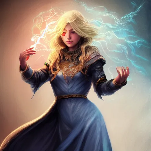 Image similar to a human wizard casting a spell, female, auburn and blonde two toned hair, crackling blue lightning, fantasy, d & d, intricate, elegant, highly detailed, digital painting, artstation, concept art, matte, sharp focus, illustration, in the style of magic the gathering