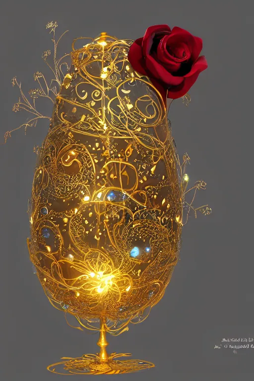 Image similar to a detailed glowing egg with swirls of red and blue emerging from the blossom of a metallic gold flower with tendrils of gold wrapping around the egg, an egg sitting on a rose made out of silver and gold, fantasy concept art, unreal engine 5, volumetric lighting, trending on artstation