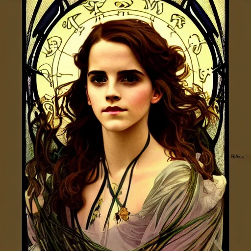 Prompt: emma watson portrait by louis - theophile hingre and alphonse mucha, realistic, sharp focus, zodiac signs, tarot cards, planets, ethereal, art nouveau, magic, moon, sun, crown, dreamy, royal, jewellery