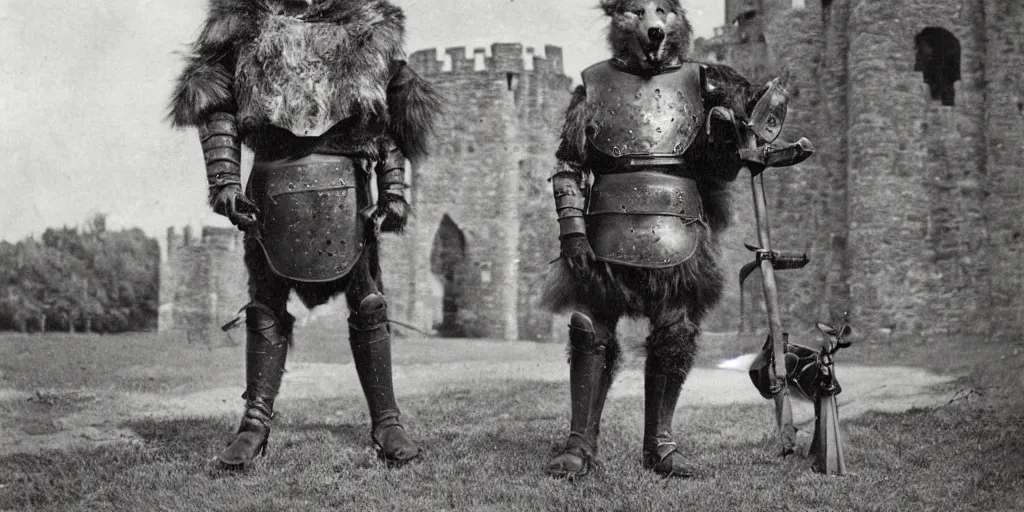 Image similar to anthropomorphic furry wolf in armor standing tall in front of a castle, 1900s picture