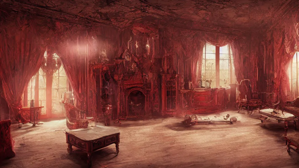 Image similar to interior view of Haunted house, beautiful interior design, reddish colors, subatomic-interior-lighting, backyard-view, beautiful-design, shining, style of Edwardian, 4k, wide-perspective, grand-composition, concept-art, highly-detailed, sublime, dramatic, cinematic, octane