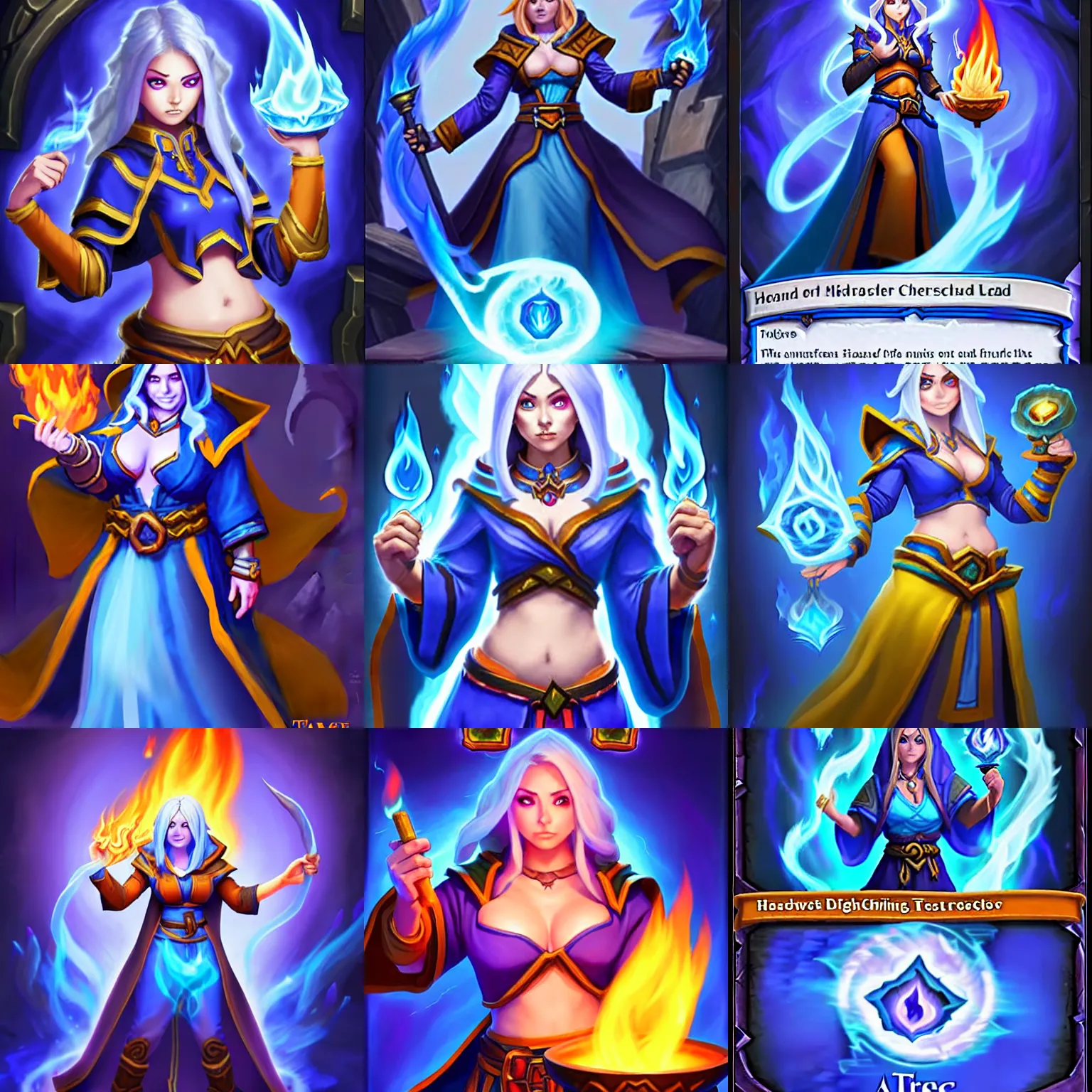 Prompt: a female mage with a blue robe and casting a fire spell, Hearthstone official splash art, tinyest midriff ever, largest haunches ever, fullest body, small head, largest chest ever, SFW, SFW, perfect master piece, award winning