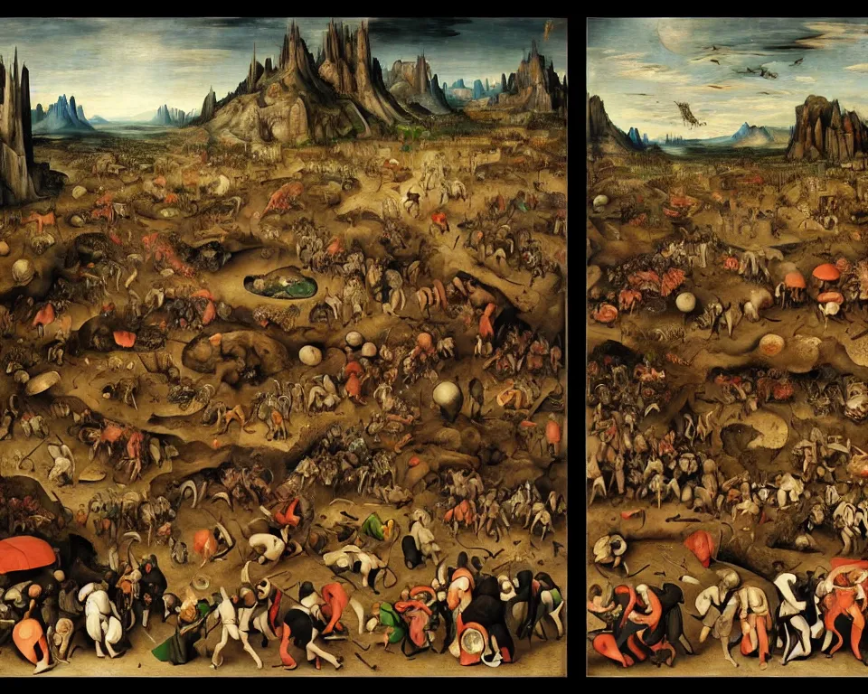 Prompt: doom eternal concept art by pieter brueghel, garden of eternal delights hell by hieronymus bosh, triumph of death by pieter brueghel