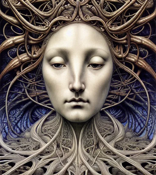 Image similar to detailed realistic beautiful moon goddess face portrait by jean delville, gustave dore, iris van herpen and marco mazzoni, art forms of nature by ernst haeckel, art nouveau, symbolist, visionary, gothic, neo - gothic, pre - raphaelite, fractal lace, intricate alien botanicals, ai biodiversity, surreality, hyperdetailed ultrasharp octane render