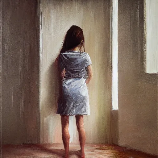 Image similar to palette knife oil painting portrait of a lonely girl in a liminal room, extreme detail, liminal aesthetic, artgerm, deviant art, octane, substance, art history 8 k