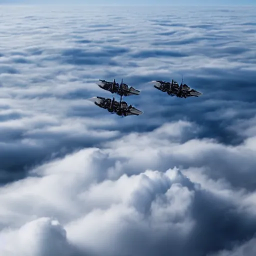 Prompt: birds - eye view of a flying battleship surrounded by clouds.