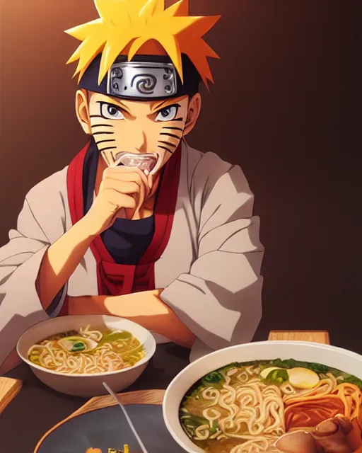 Image similar to naruto eating ramen, medium shot, visible face, detailed, perfectly shaded, perfectly shaded face, atmospheric lighting, by makoto shinkai, stanley artgerm lau, wlop, rossdraws