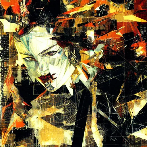 Image similar to she is burning her digital past with glitched flames made of bits, oil on canvas by dave mckean and yoji shinkawa