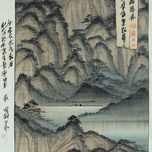 Image similar to lao tzu meditates beside a river, traditional chinese painting,