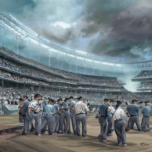 Image similar to baseball tidal wave over 1940s baseball park, concept art, by Takumi Park, surreal